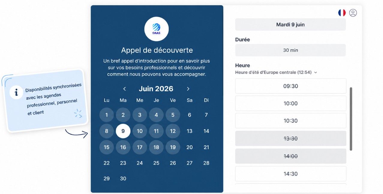 page de réservation d’un appel de découverte client créée avec Koalendar et synchronisée avec les agendas Google